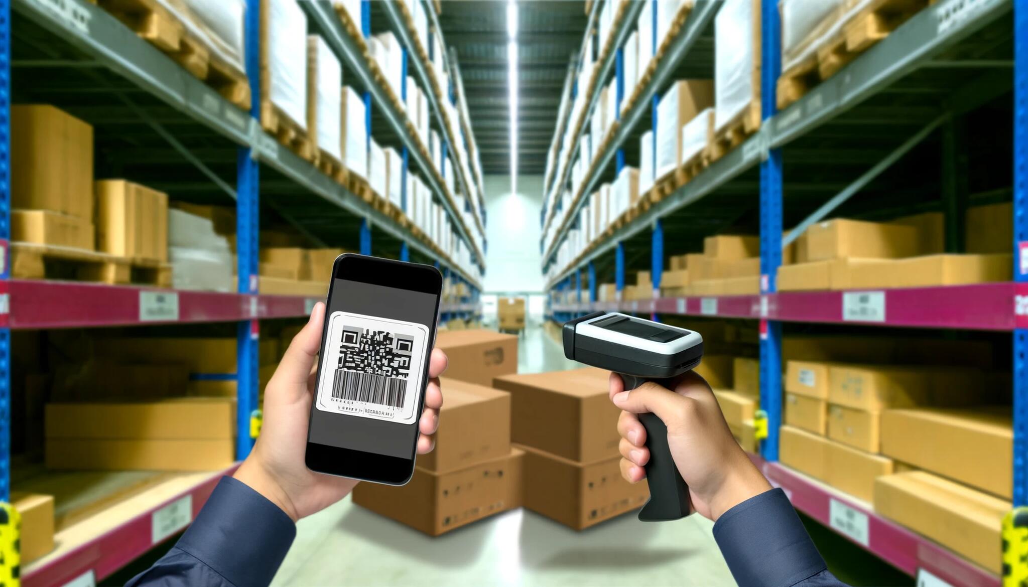 A warehouse and a person using a QR code for asset management
