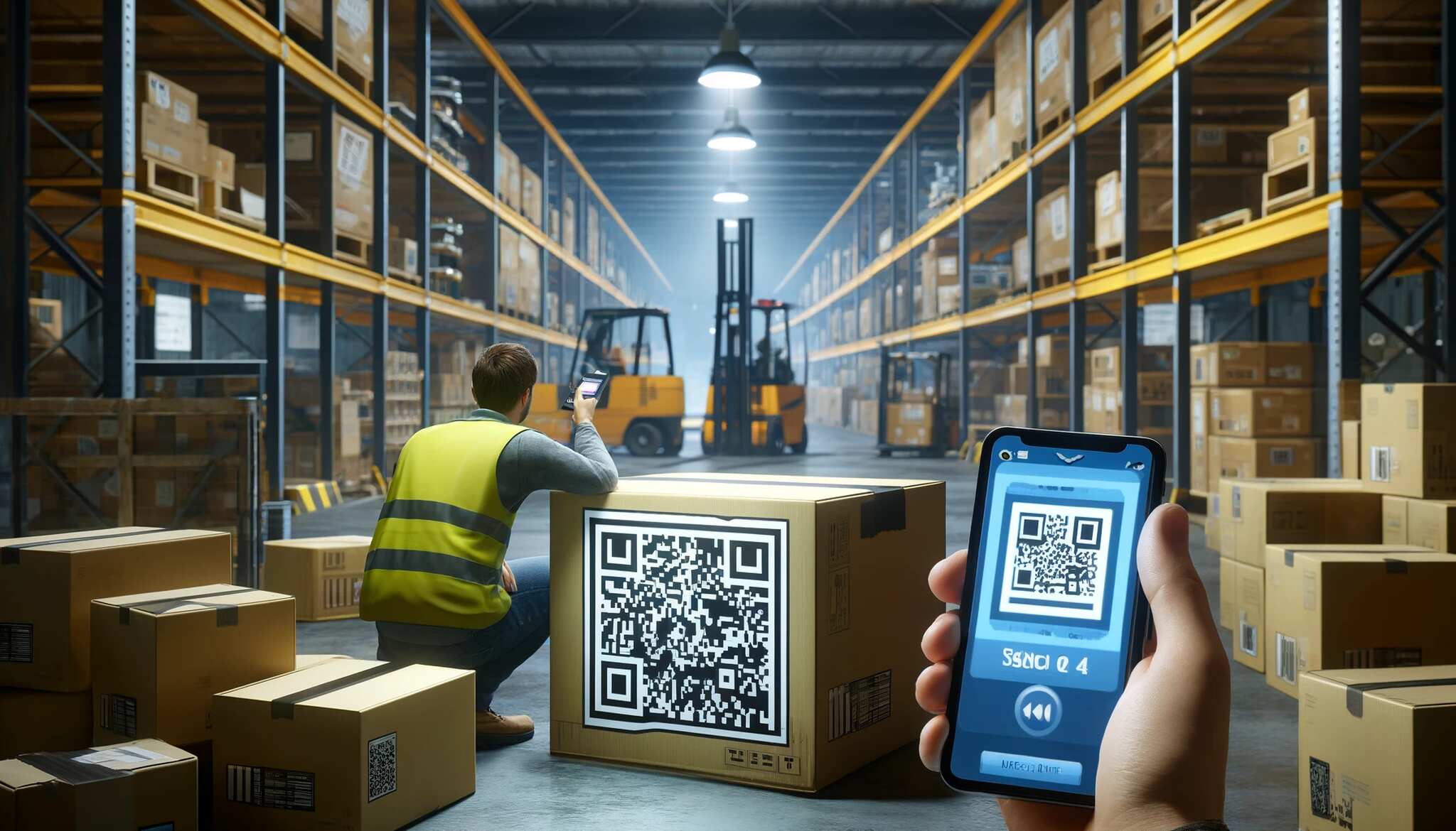 An illustration of a warehouse with box that has QR code for asset tracking