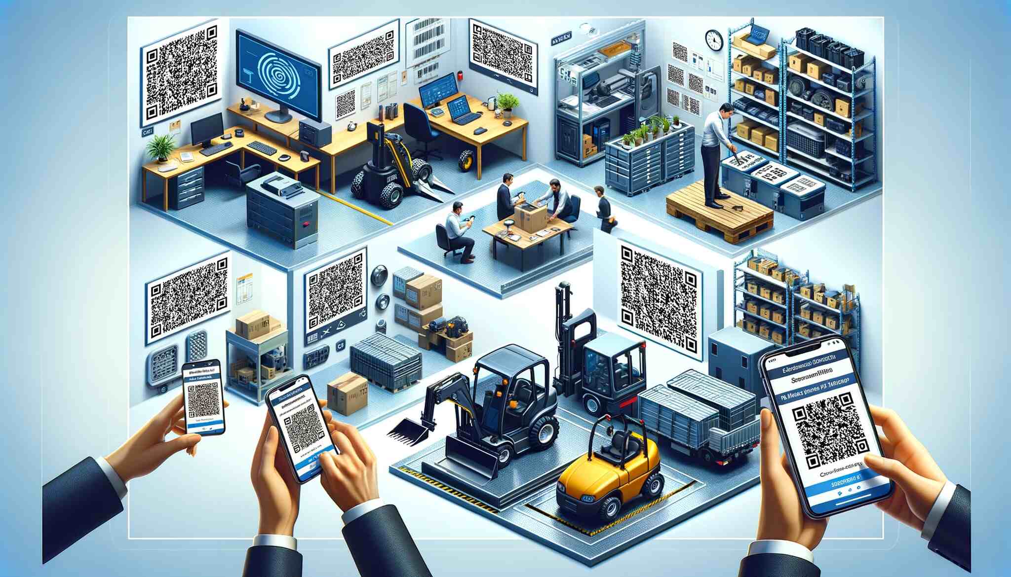 An illustration showing various assets in a workplace with QR codes