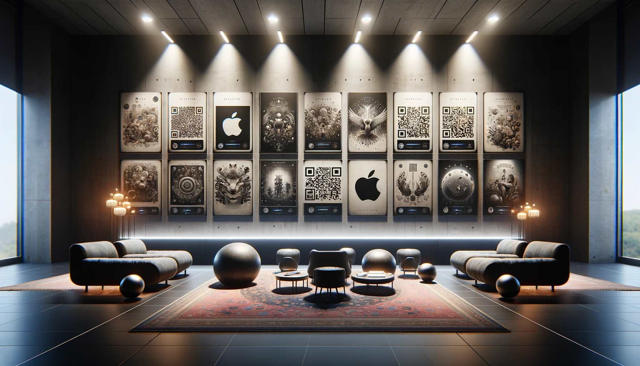 a collection of Apple Music QR codes on the wall