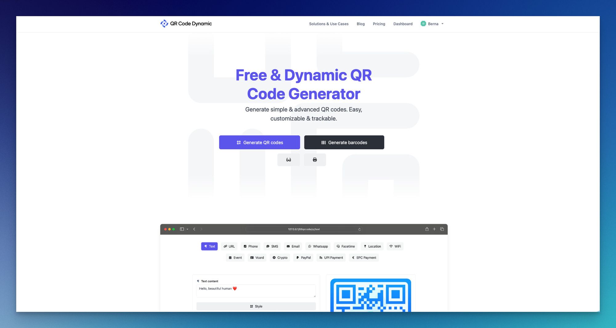 homepage of QRCodeDynamic