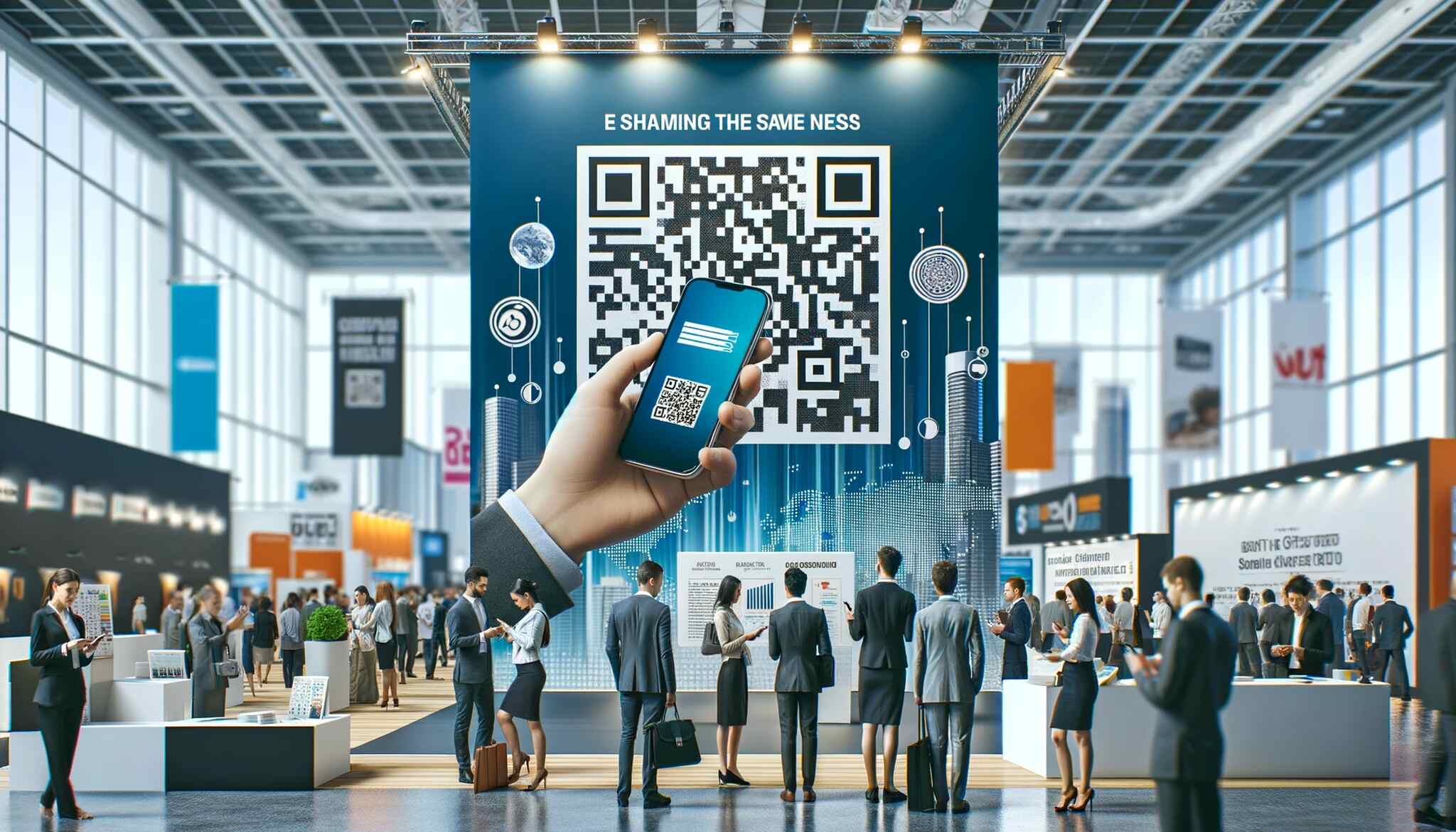 a large promotional banner with a prominent QR code at an event