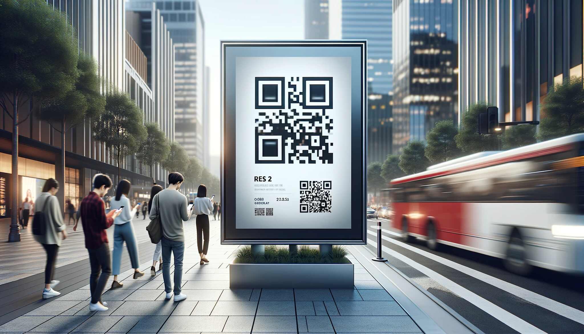 outdoor advertising banner displaying a QR code in a busy city street