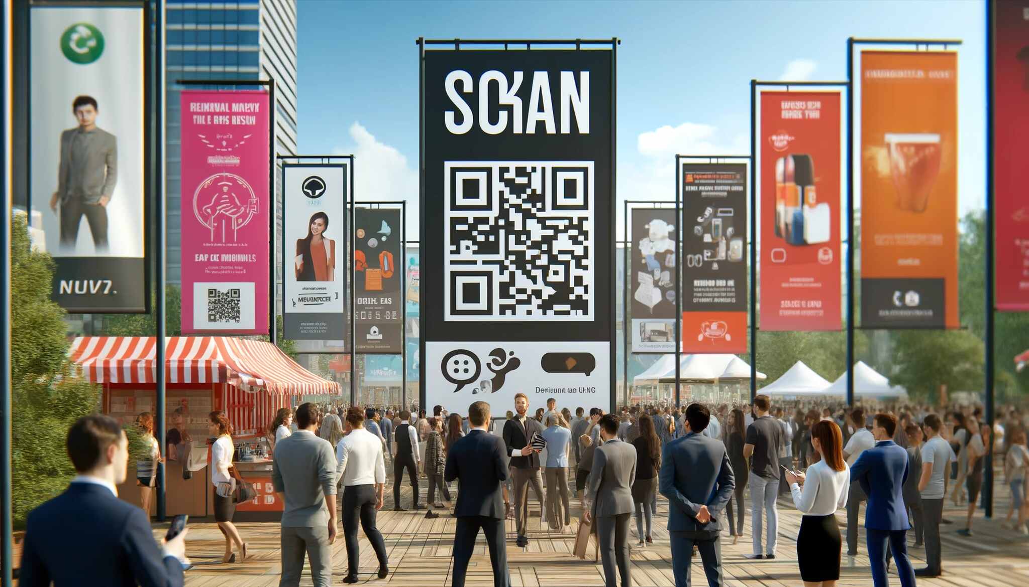 outdoor marketing event with various QR codes on banners prominently displayed