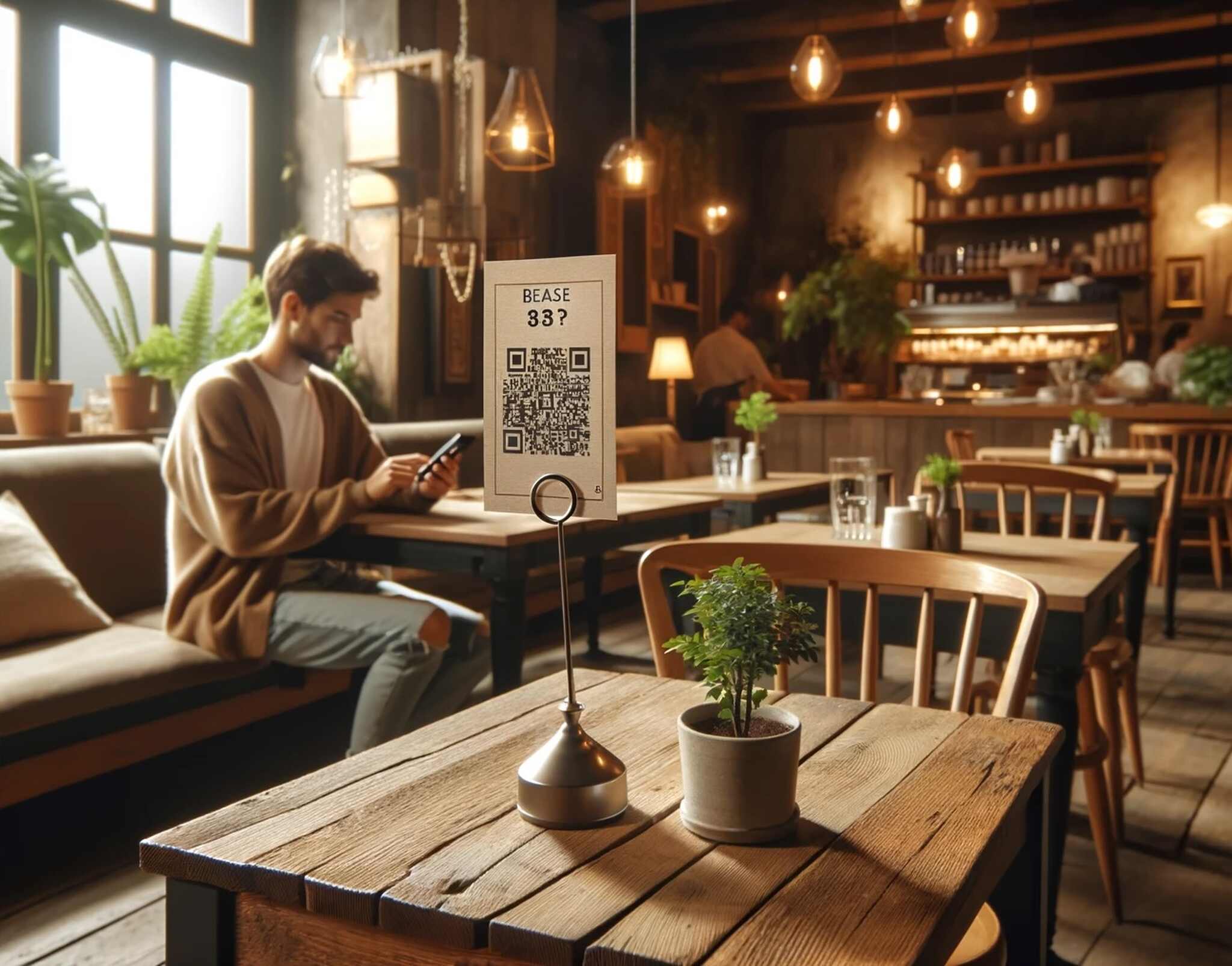 a QR code in a cozy cafe setting and a man at the background