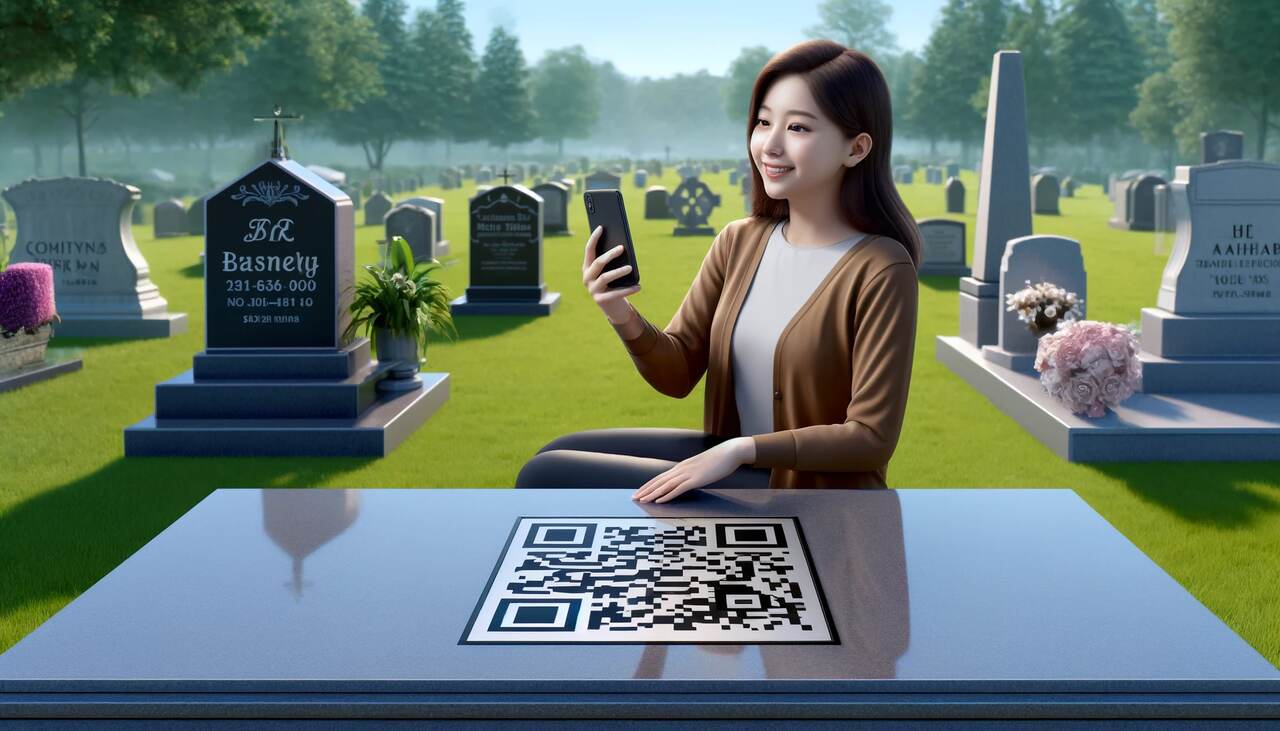 the QR code representation on a headstone scanned by a woman figure