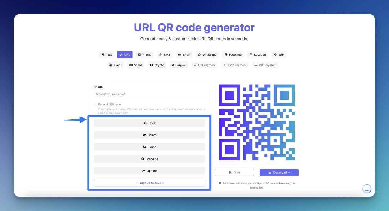 the URL QR Code Generator customization section