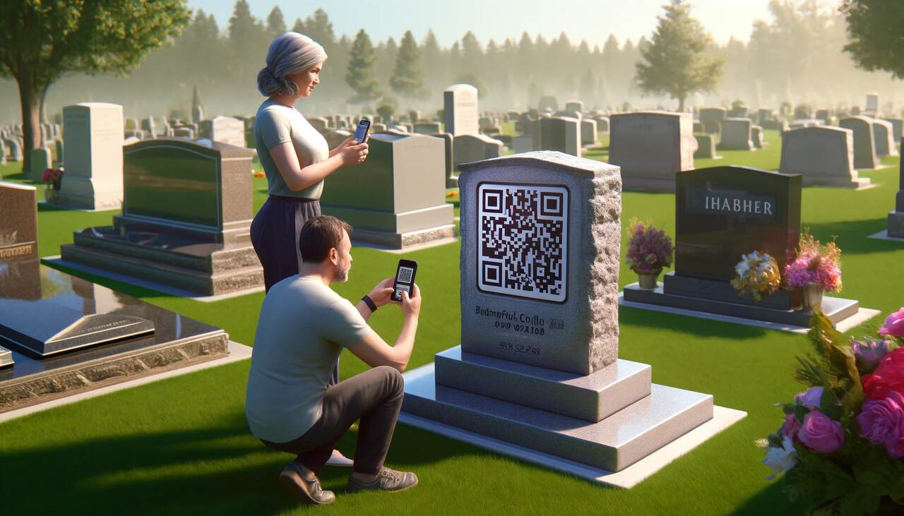 people scanning a QR code on a headstone that belong to a teacher