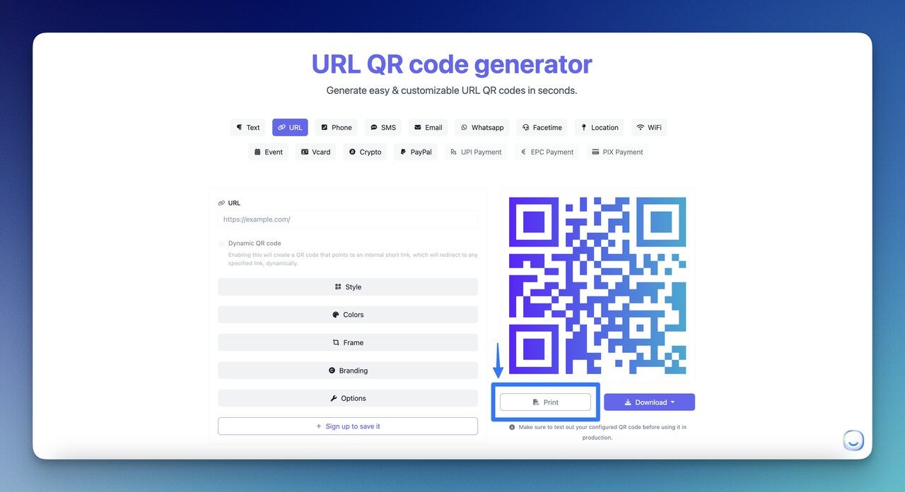the print button on the URL QR Code Generator