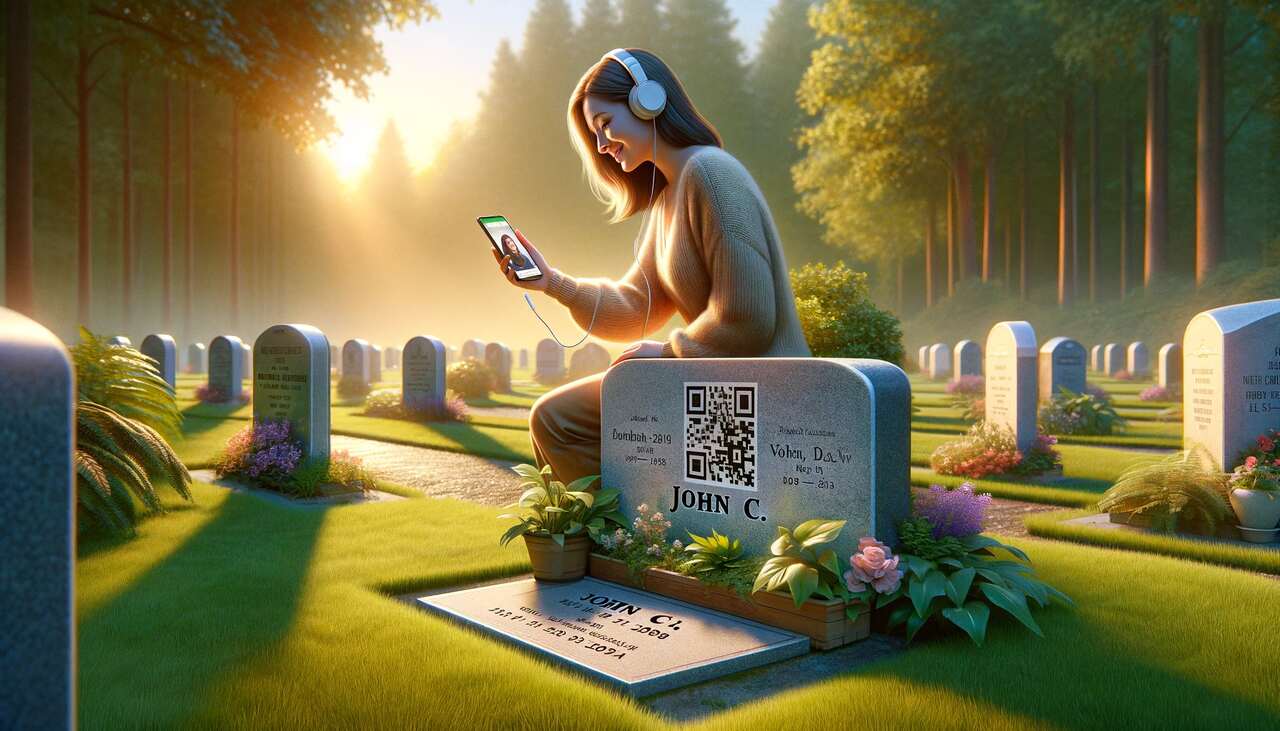 the QR code on a headstone and a woman listening to a music scanned by a QR code