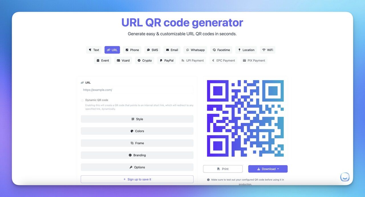 the URL QR Code Generator interface