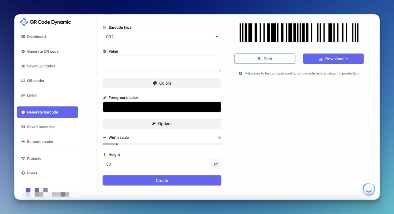 the customization options of a barcode on QR Code Dynamic