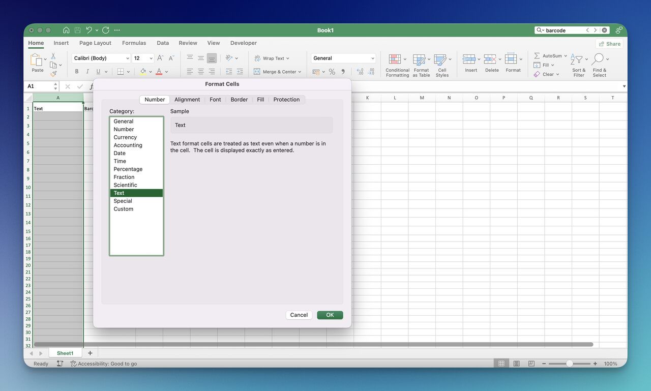 the format cells modal for generating a barcode on Excel