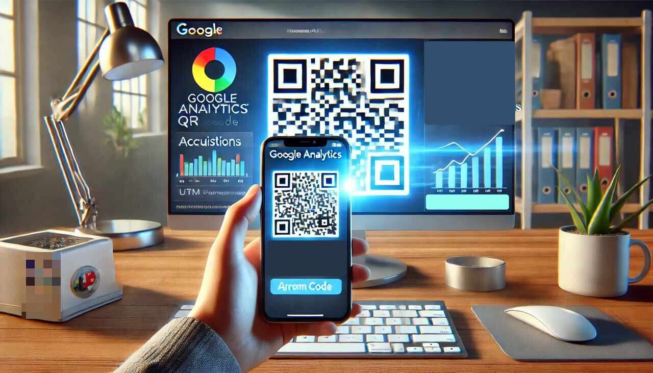the hand holding QR code with Google Analytics and house details at the background