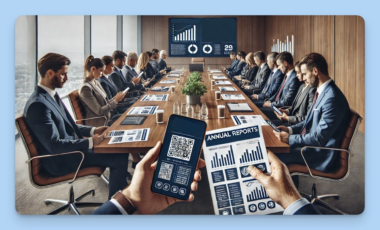 A group of business people in a meeting room, using a tablet and a laptop, with a PowerPoint QR code visible.