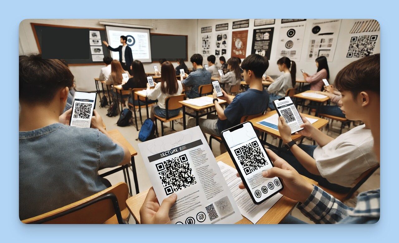  A classroom of people holding up their phones with QR codes for a PowerPoint presentation.