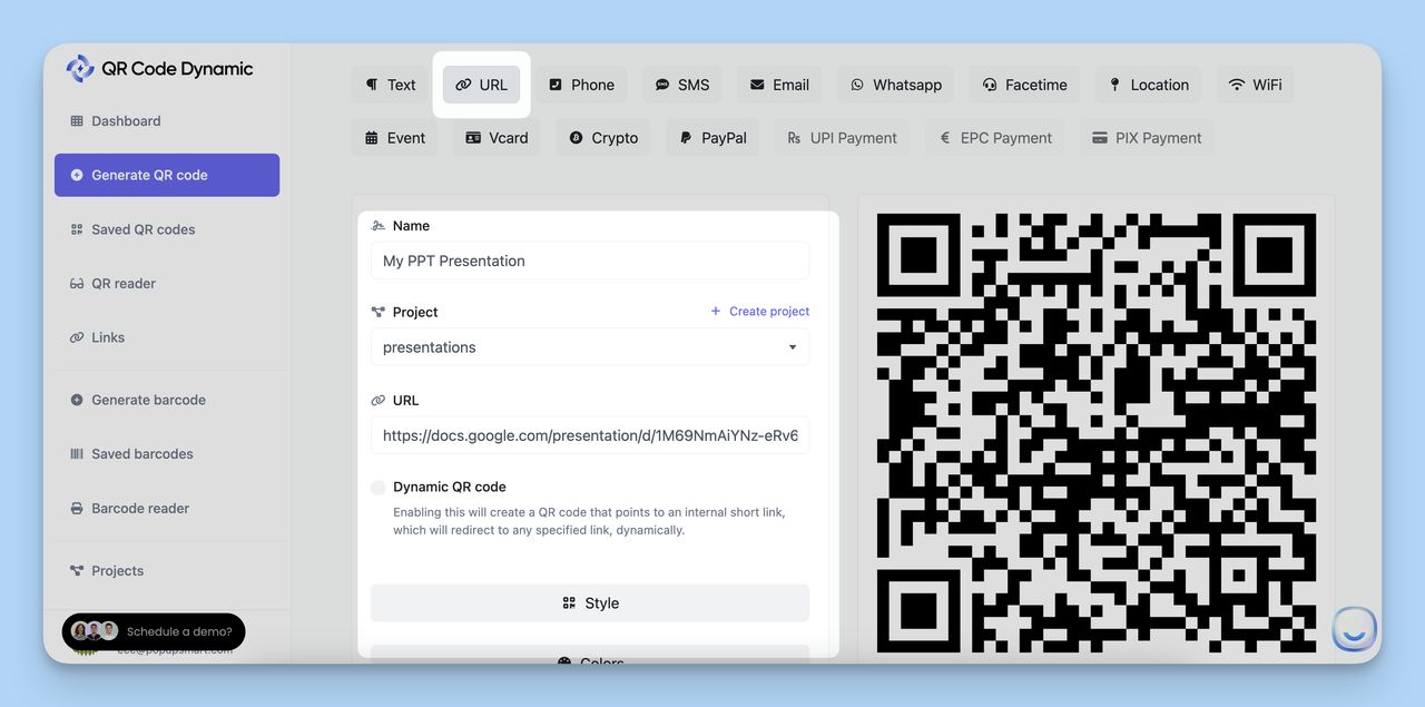 URL QR Code option of QR Code Dynamic and pasting the copied presentation link