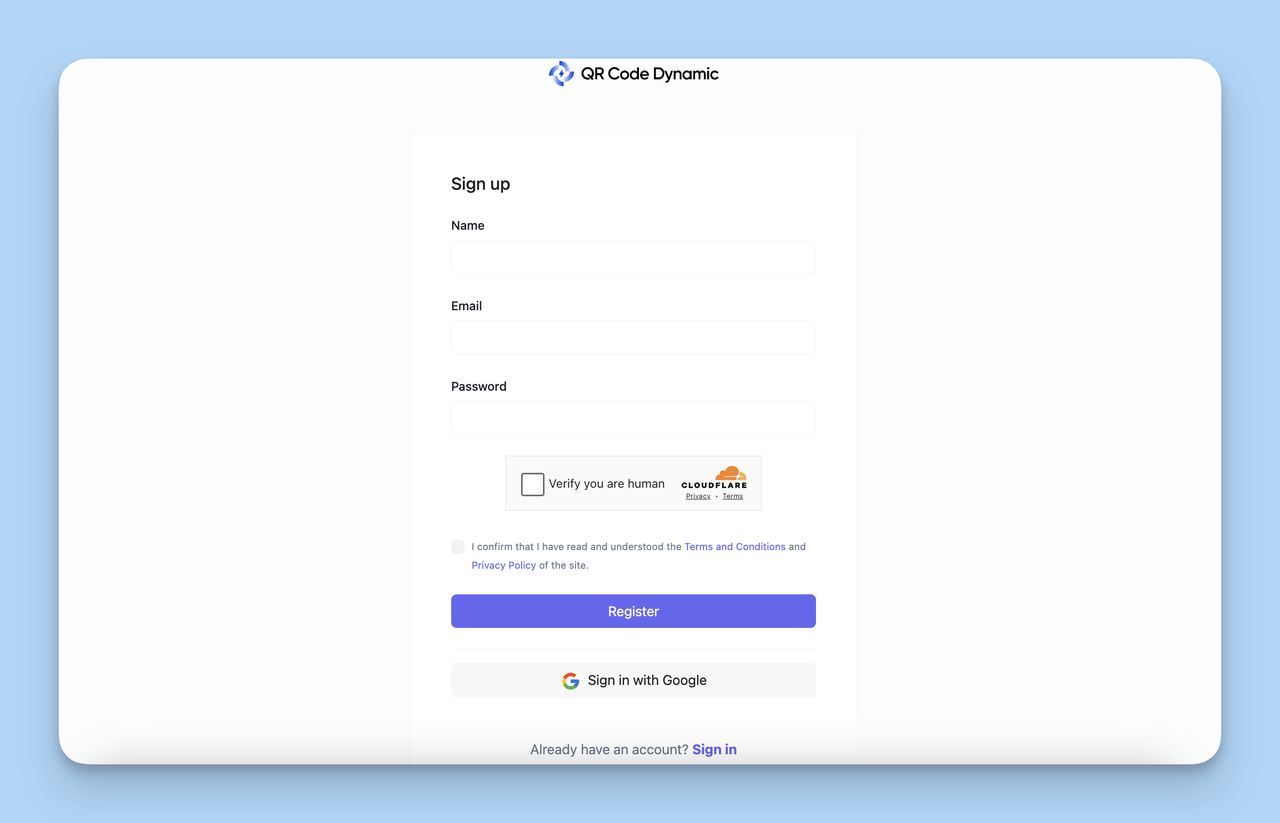 Registration page of QR Code Dynamic, the free tool to create a QR code for a presentation