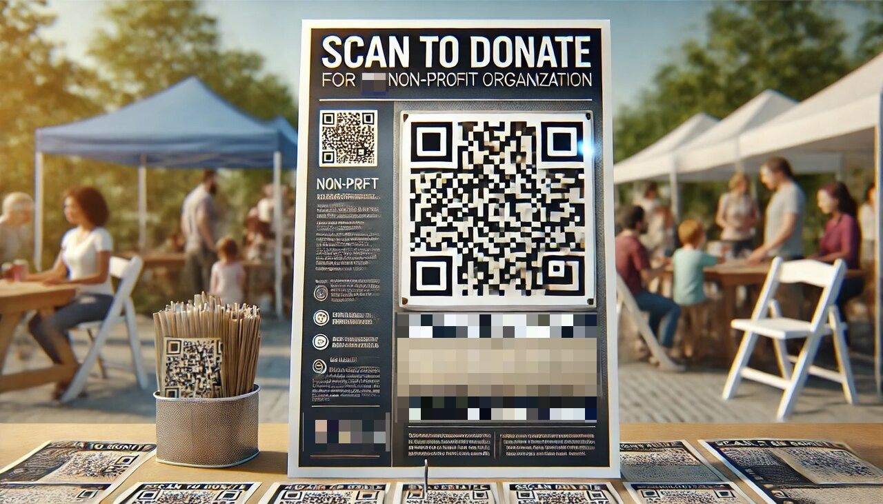 the sign to scan to donate on a desk realistically