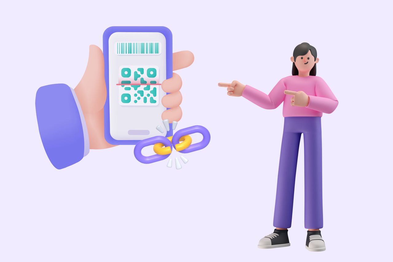 A woman showing mistakes that can be made with qr code and a broken qr code next to her.
