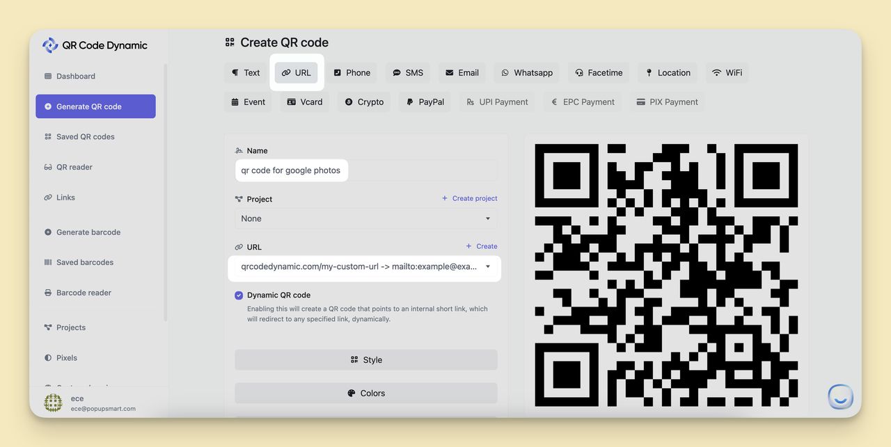 Paste the URL in the QR Code Dynamic step