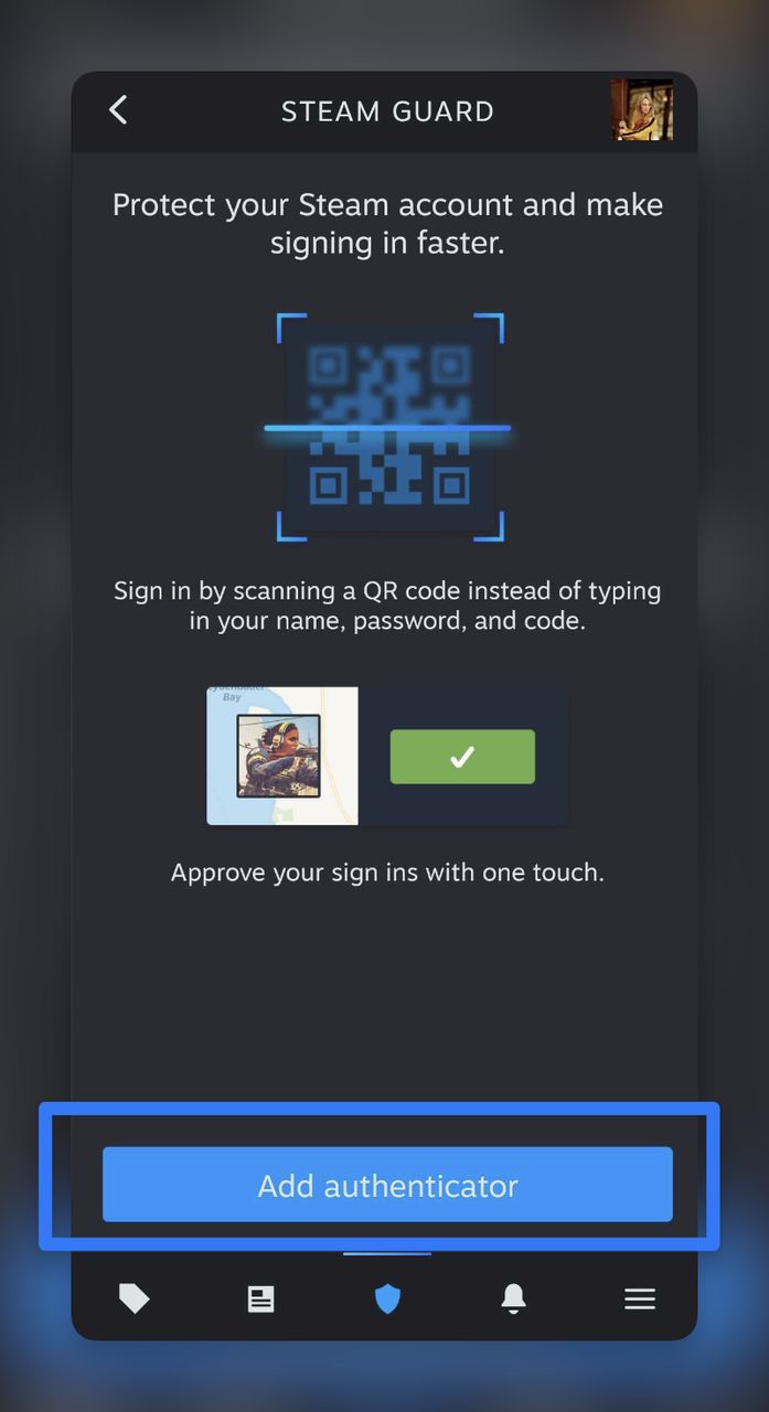 Add Authenticator button to enable two-factor authentication (2FA) on the Steam app.