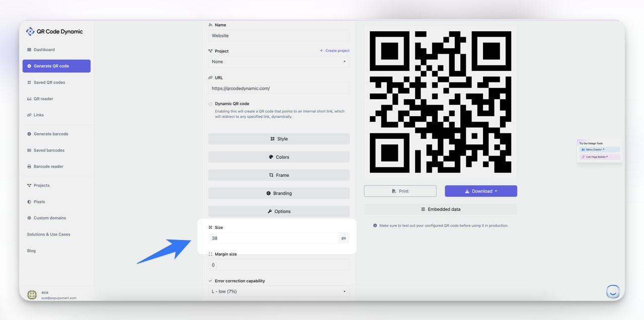 Step to determine the size of the QR from the QR Code Dynamic screen