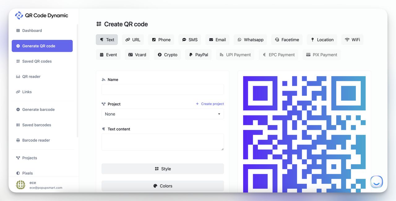 QR Code Dynamic's dashboard that shows generate QR Code.