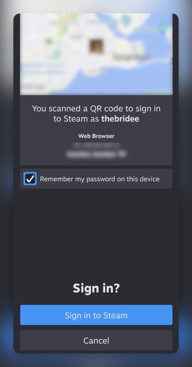 Displaying the message "You scanned a QR code to sign in to Steam as thebridee"