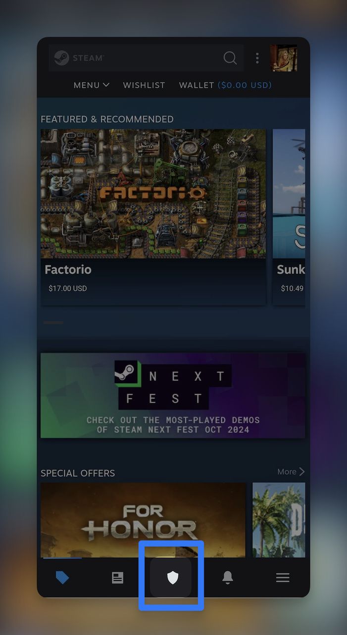 Shield icon located at the bottom right of the Steam app.