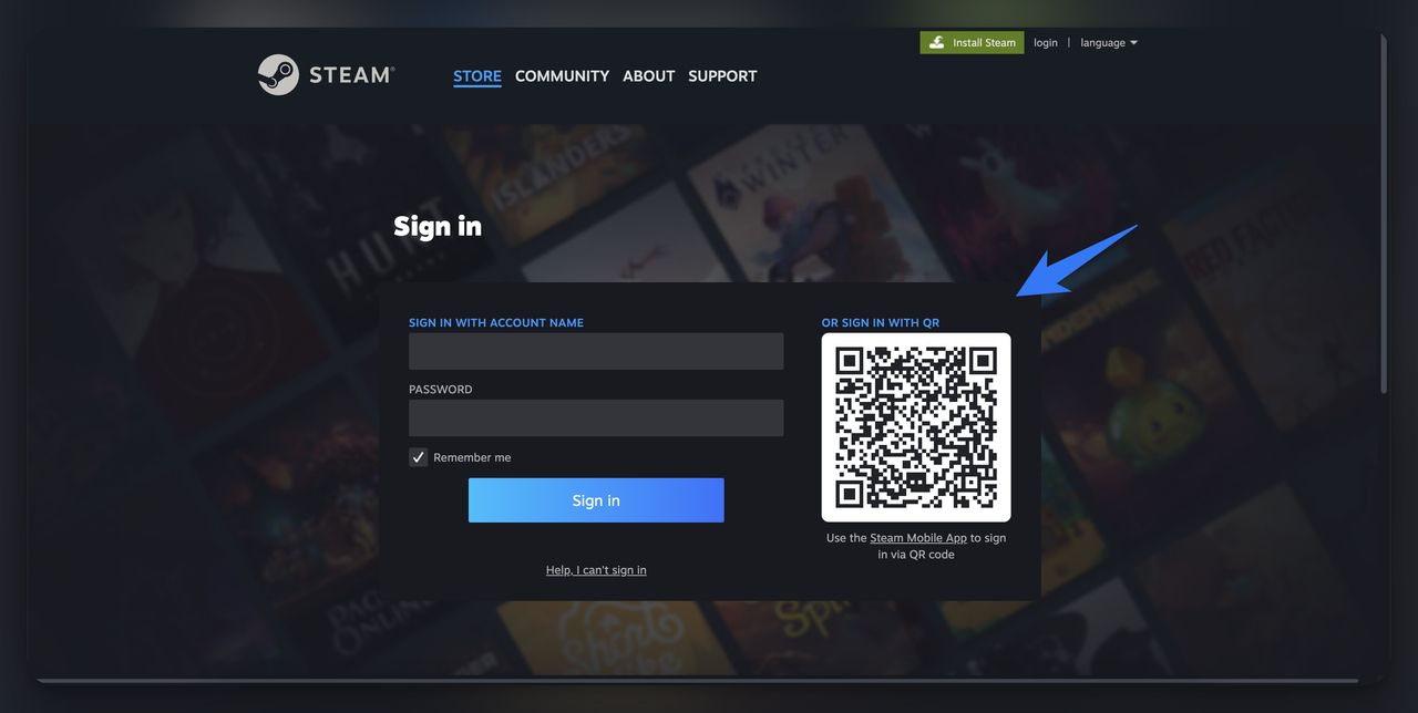 Steam logi page that shows a QR code on the screen.