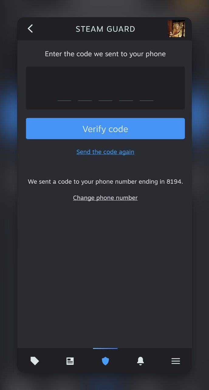 On Steam app, verification step to verify phone number