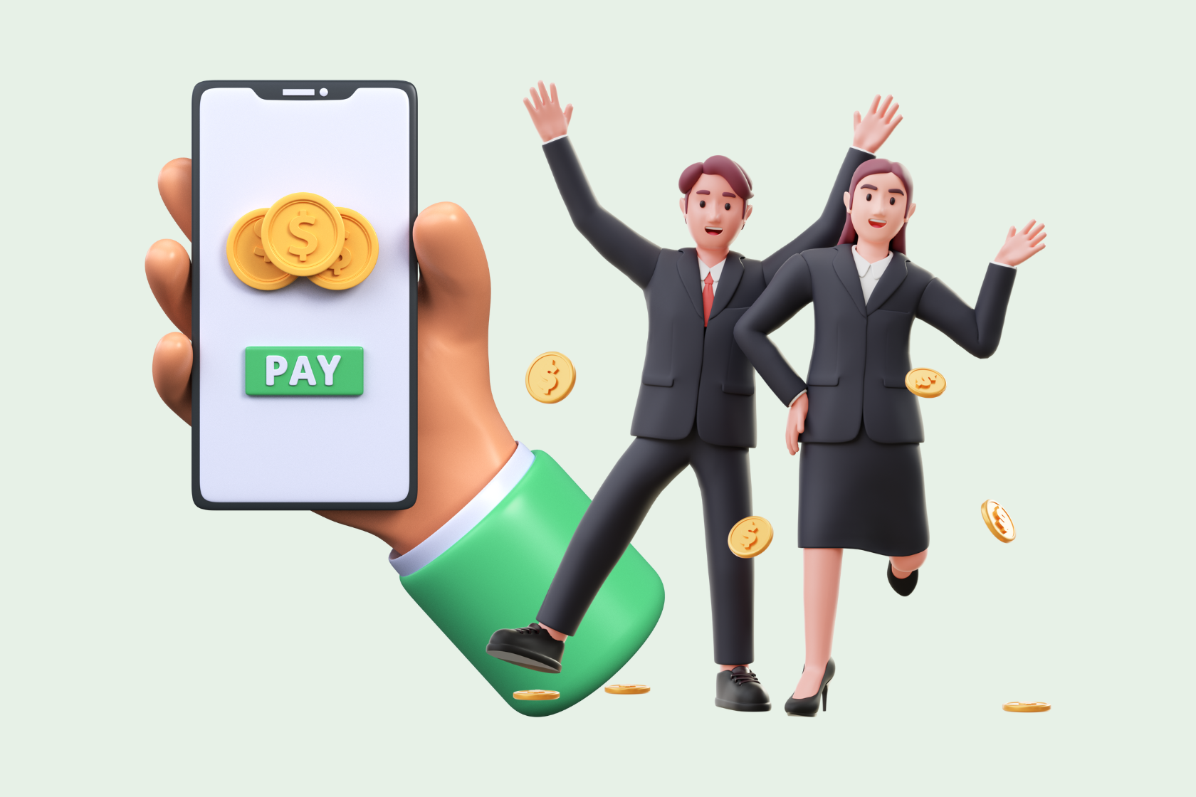 Two business professionals display a phone featuring a Cash App QR code and a pay sign, symbolizing digital transactions.