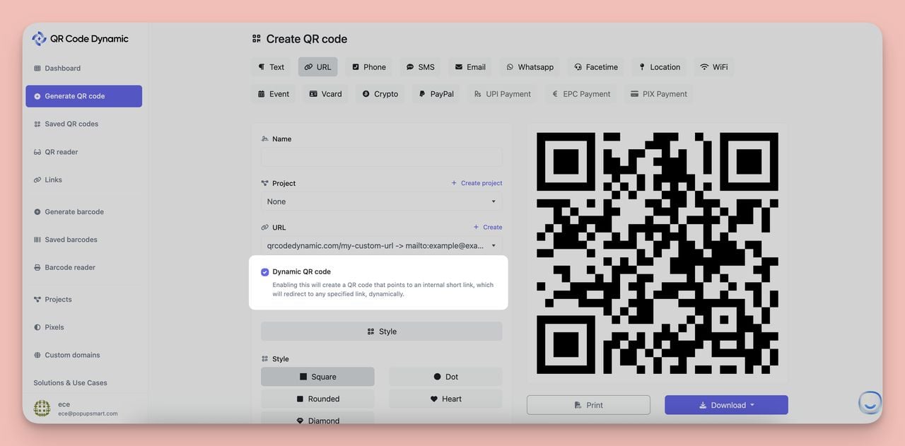 Dynamic QR code options on QRCodeDynamic