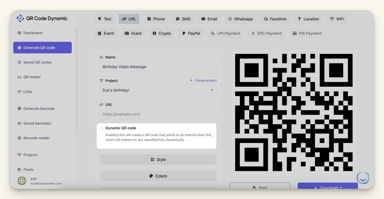 Dynamic QR Code Option