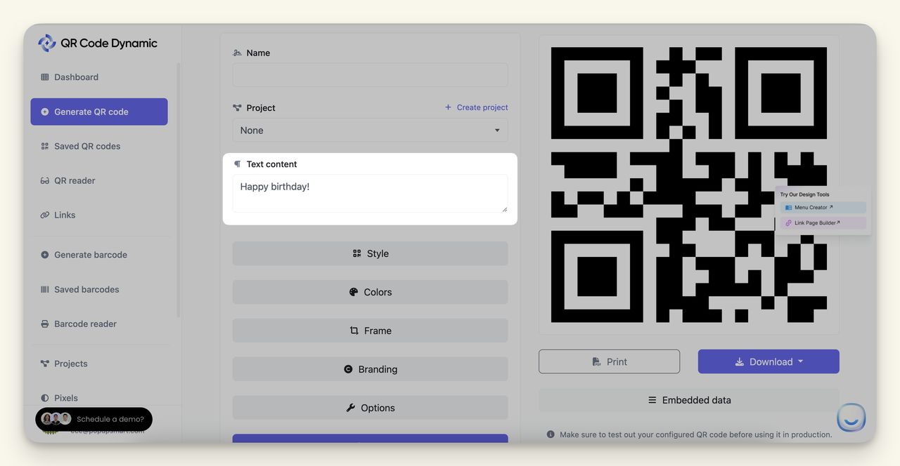 Text content field in the QR Code Dynamic