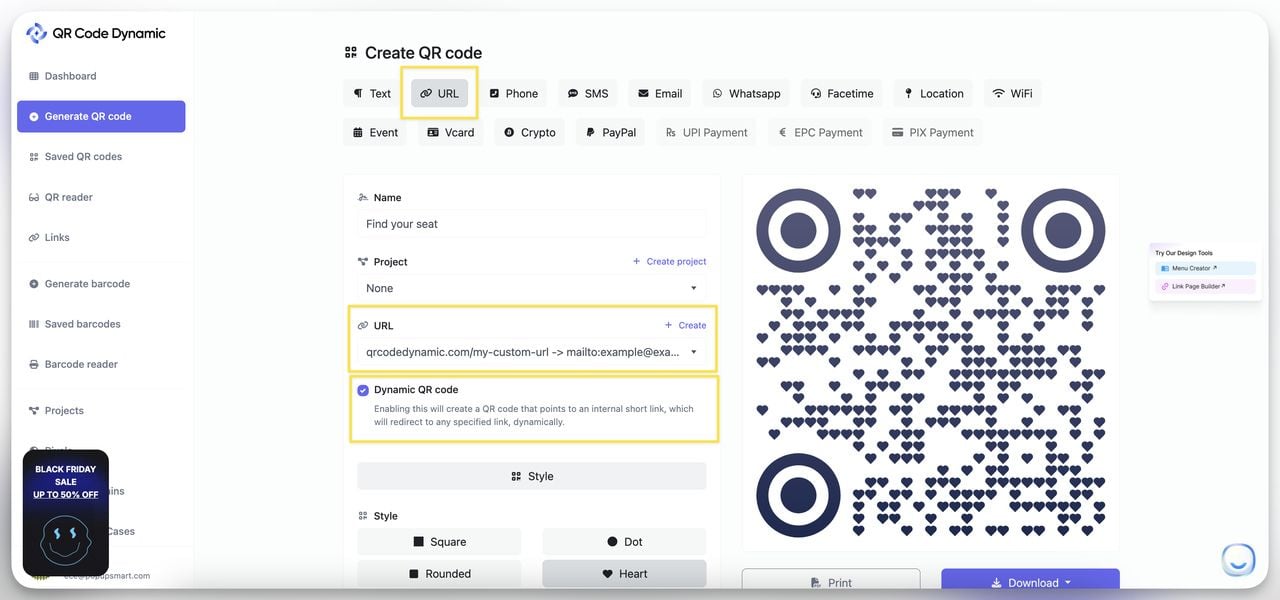 URL Qr code for create seating chart qr