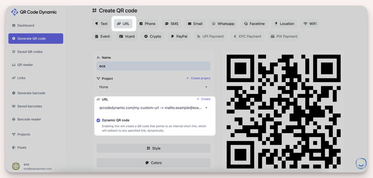 Select the content type (e.g., URL or text) and input your data on QR Code Dynamic