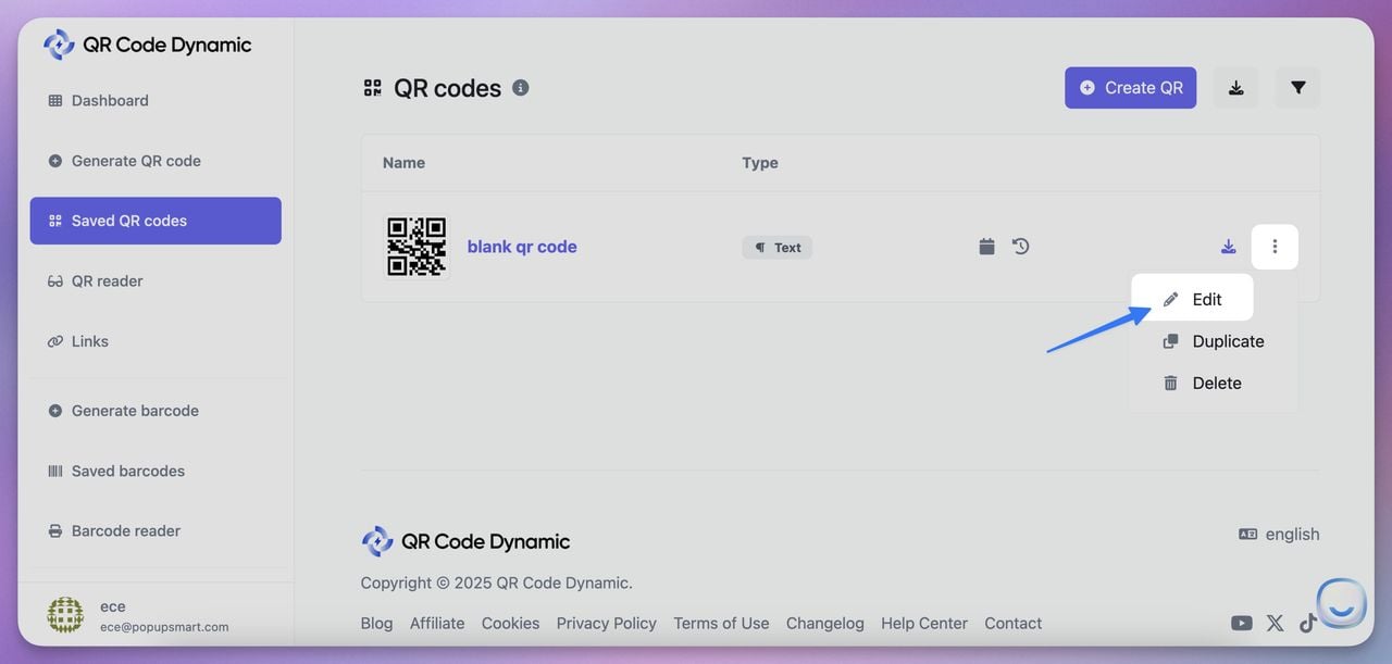 Click on the QR code or an associated “Edit” button to access its settings.