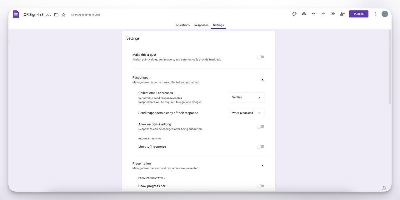 Google forms settings