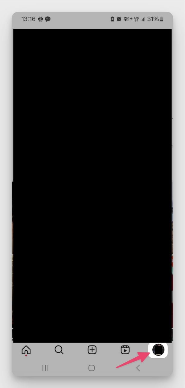 Instagram app on Android with an arrow pointing to the profile icon in the bottom right corner.