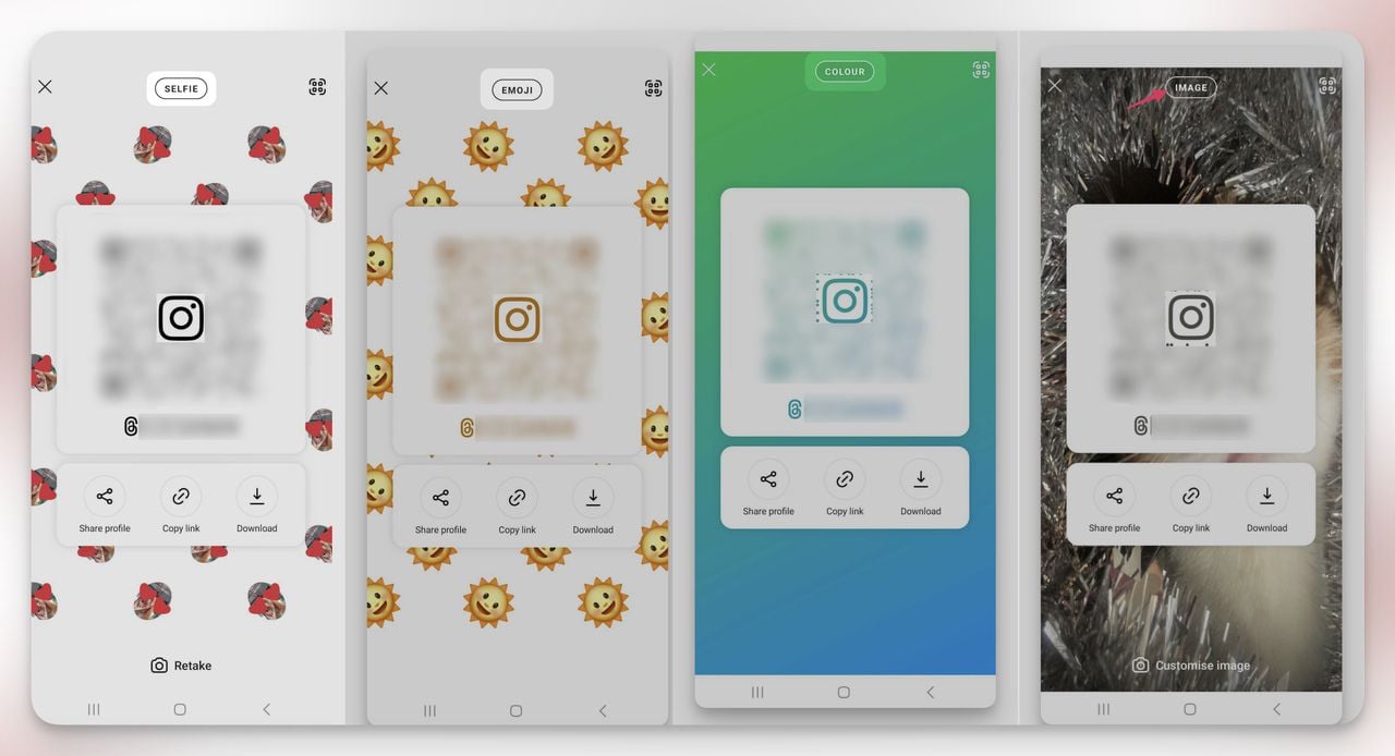Various customization options for an Instagram QR code, including selfie, emoji, color, and image backgrounds.