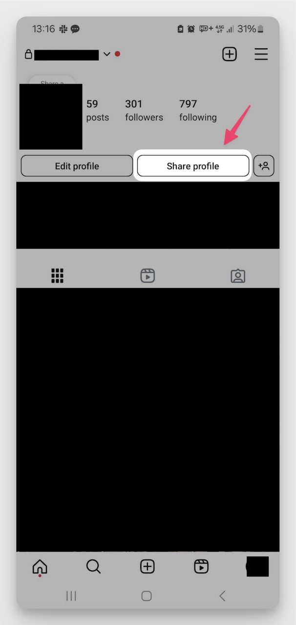 Instagram profile page on Android with an arrow highlighting the 'Share Profile' button.