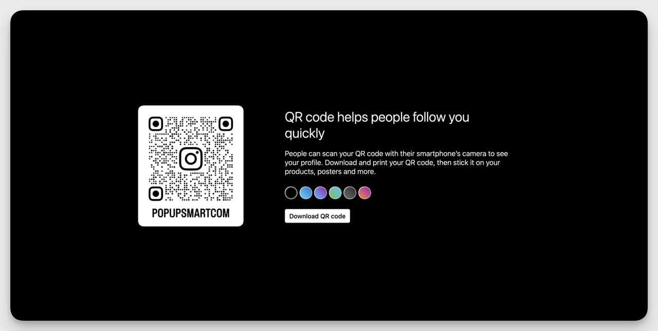 Instagram desktop interface showing a customizable QR code with color options and a download button.