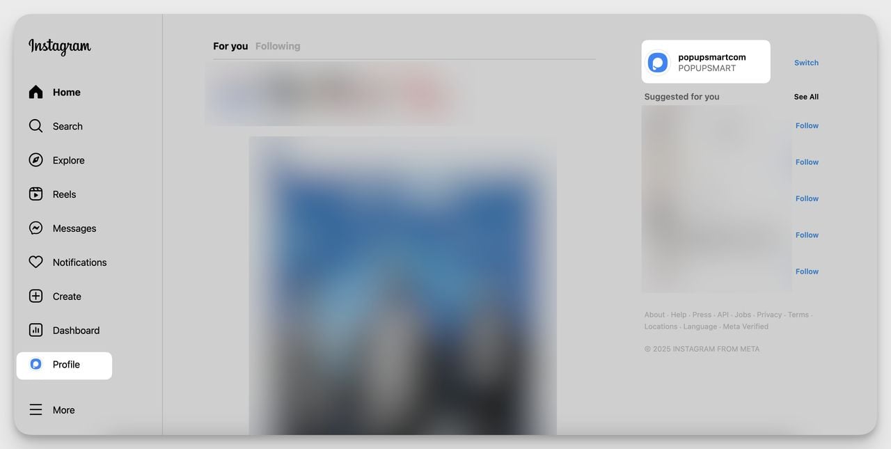 Instagram desktop homepage with the profile section highlighted in the left sidebar.