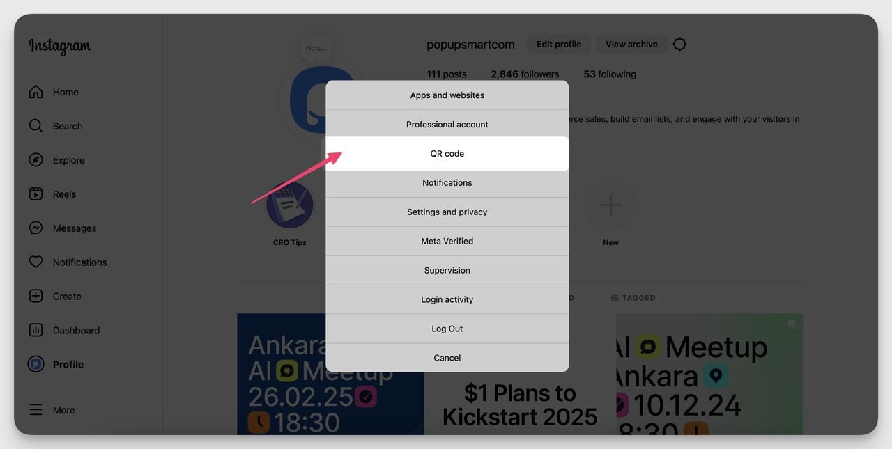 Instagram desktop profile settings menu with an arrow pointing to the 'QR Code' option.