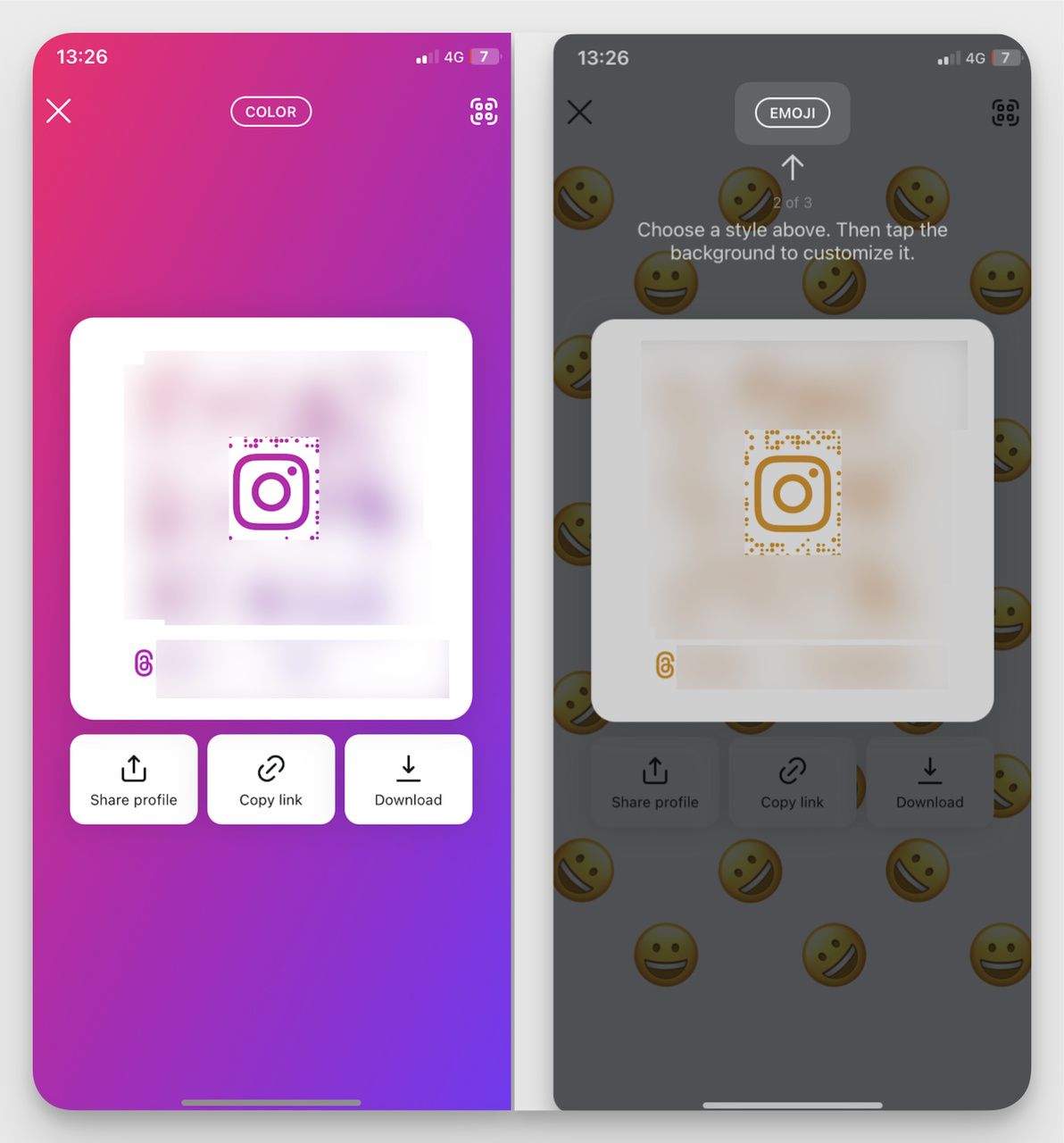 Instagram QR code customization options on iPhone, showing color and emoji background styles.