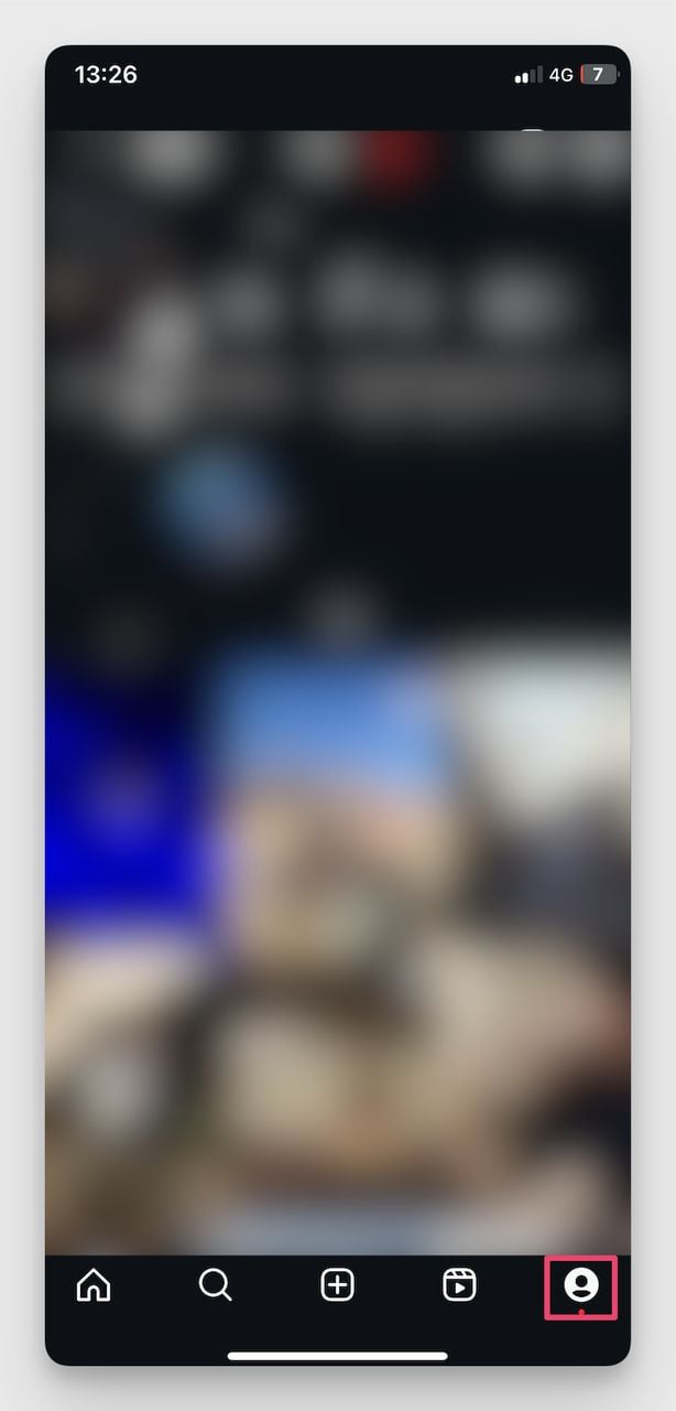 Instagram app on iPhone with the profile icon highlighted in the bottom right corner.