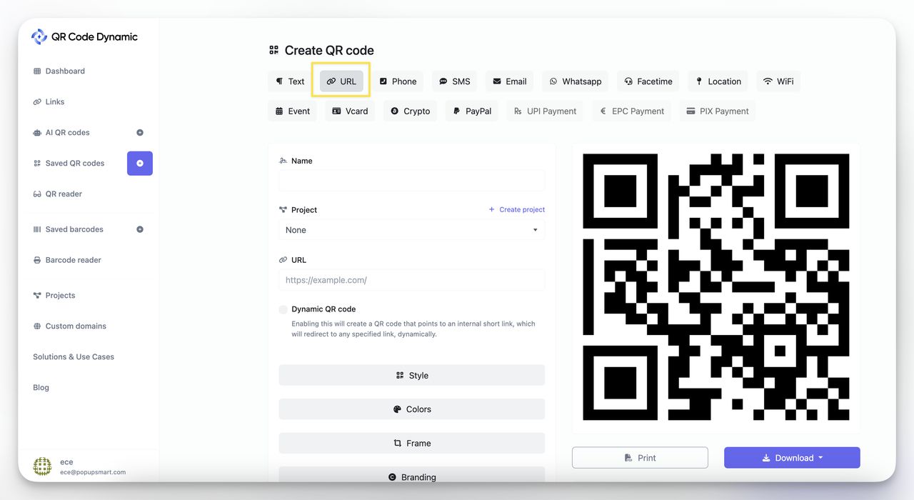 qr code dynamic url option