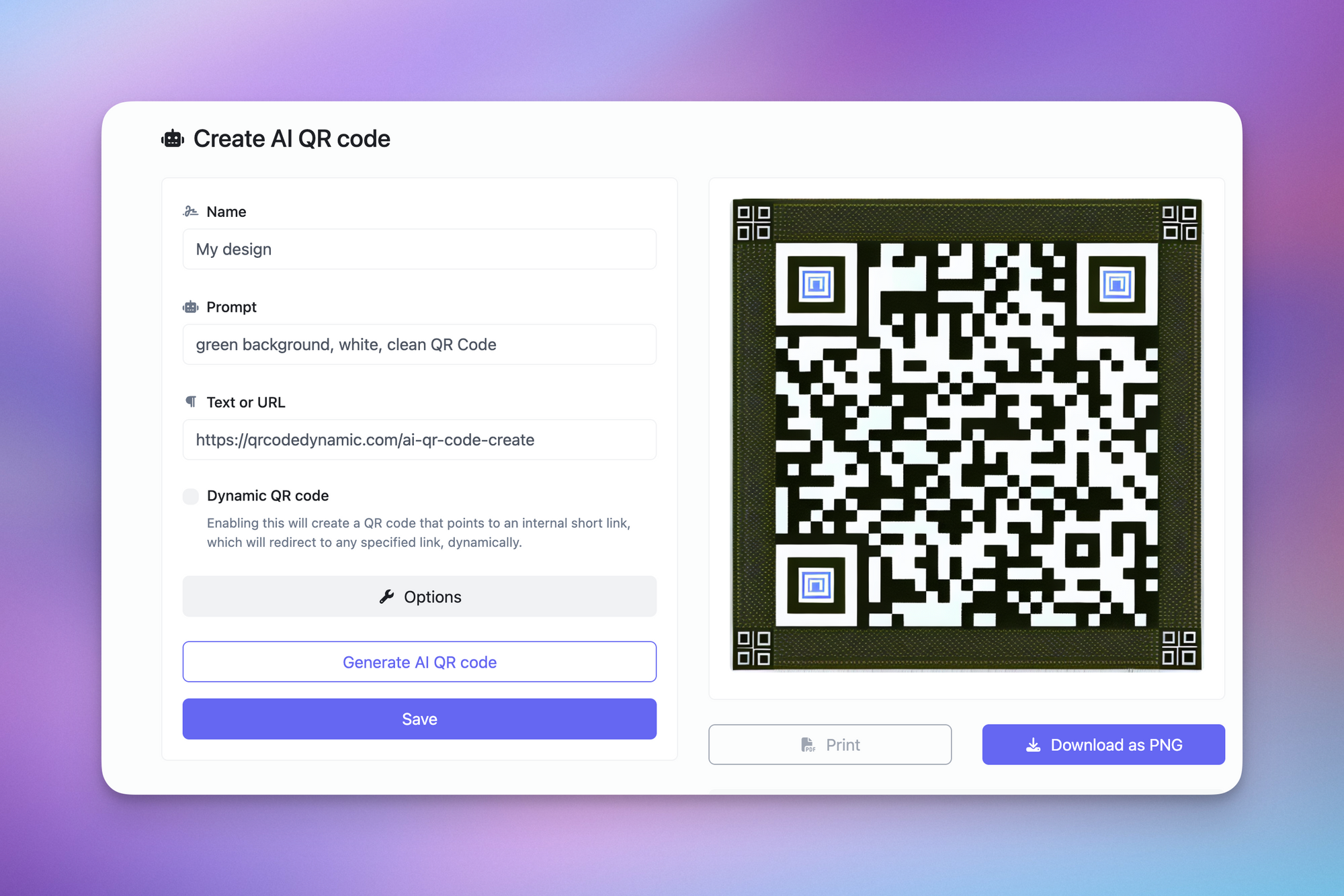 An image displaying the process of creating an AI-generated QR code, with the left side showing the design interface and the right side presenting the final stylized QR code output.